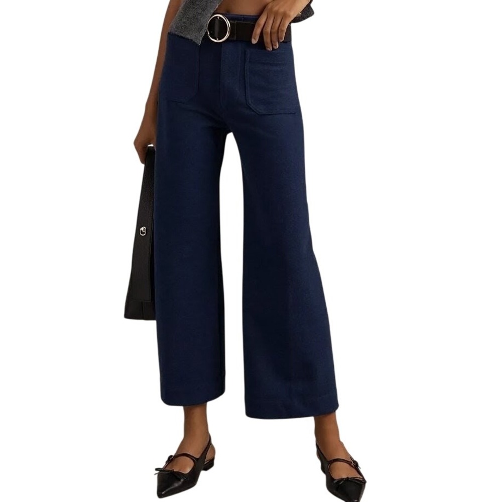 Maeve Anthropologie 16W The Colette Wide Leg Pants Navy Blue Brushed Knit NWT